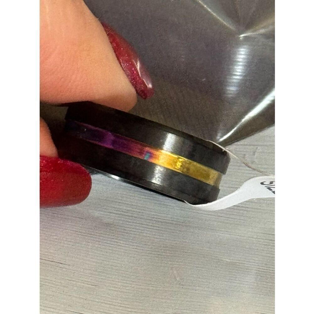 Wedding Band, Size 8 Black Titanium Ring w/ Multi-colored Stripe - Picture 7 of 8